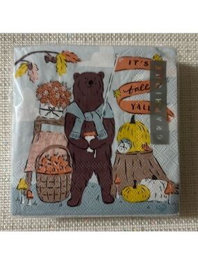 GRAPHIQUE 40 Fall Harvest Bear Pumpkins Square Blue Brown Cocktail Napkins